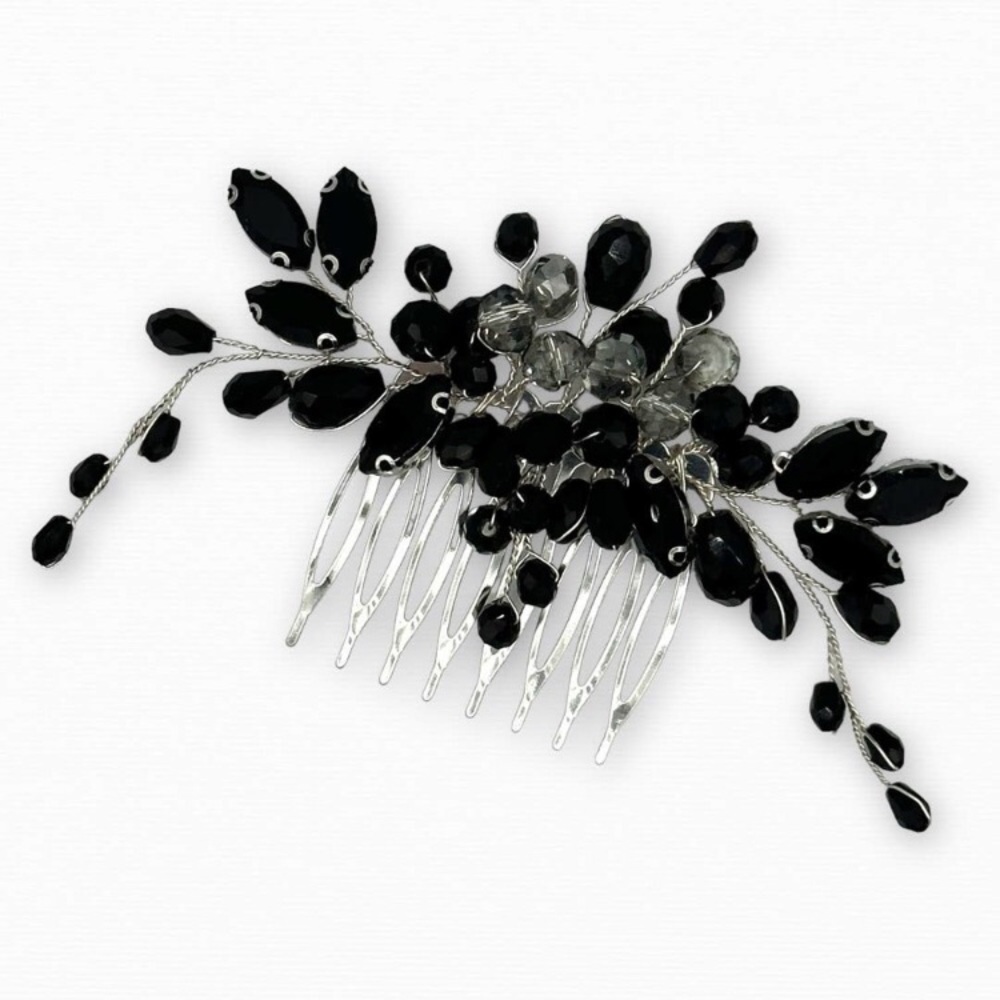 Vintage Style Rhinestone Bridal Hair Comb with Black Beads | NEW